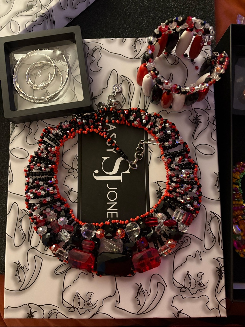 Sassy Jones Red and Black Beaded Statement Necklace with Bracelet